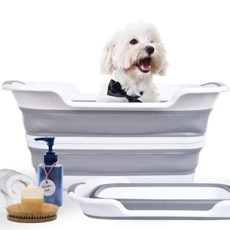 CYGNE Dog Bath Tub with Water Drain Plug, Collapsible Bathtub for Dog Washing and Grooming, Portable Foldable Space Saving Design for Pet Puppy Small Dogs Cats, BPA Free, Gray