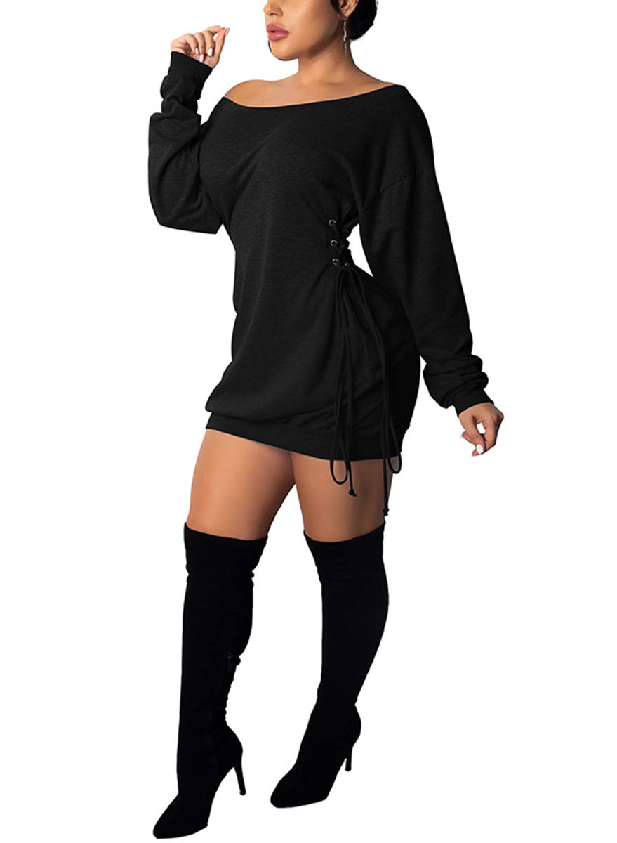 Deloreva Women Long Sweatshirt Dress - Off The Shoulder Tunic Top Oversized Loose Fit T Shirt Mini Dress Black XL
