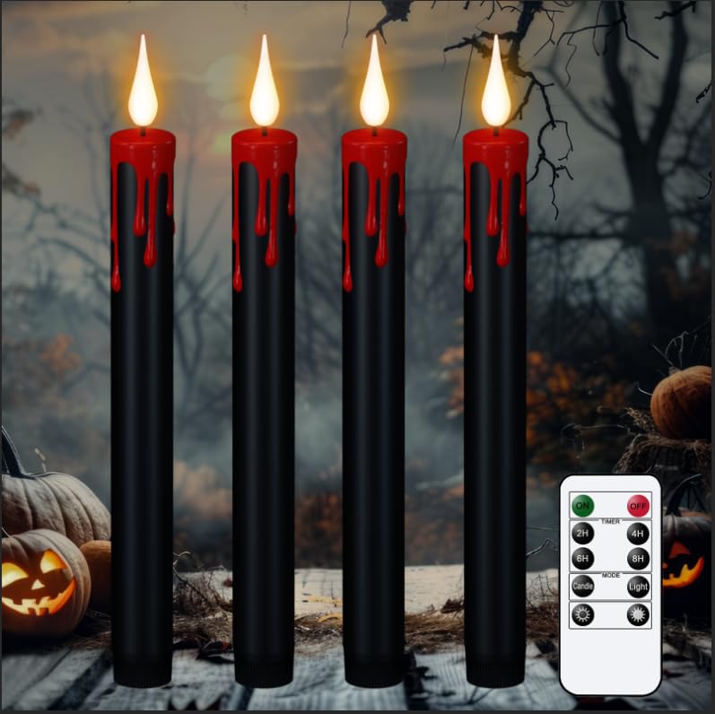 KunSwenn Halloween Black Flameless Taper Candles with Remote Timer, 4 Pcs Red Drip Wax LED Candlesticks with 3D Flickering Flame for Home Fall Indoor Halloween Decor(0.78 x 8.9 Inches)