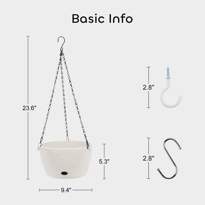 GROWNEER 2 Packs 9.4 Inches Plastic Hanging Planter Self Watering Basket with 6 Pcs Hooks, Hanging Flower Pot with Detachable Base for Garden Indoor Outdoor Home Decoration (White-9.4inch)