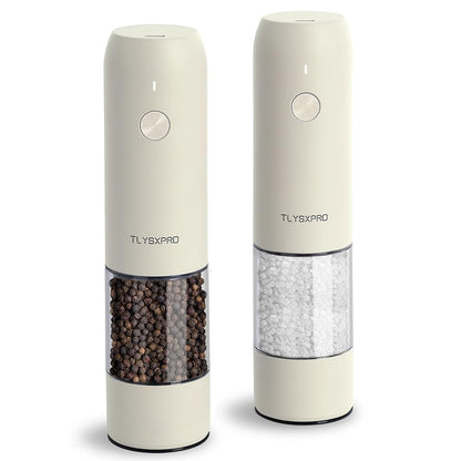 Electric Salt and Pepper Grinder Set, USB Rechargeable, Automatic Salt and Pepper Mill Grinder with Adjustable Coarseness, Electric Salt Shakers, LED Light, Refillable (2 Packs, Buttercream)