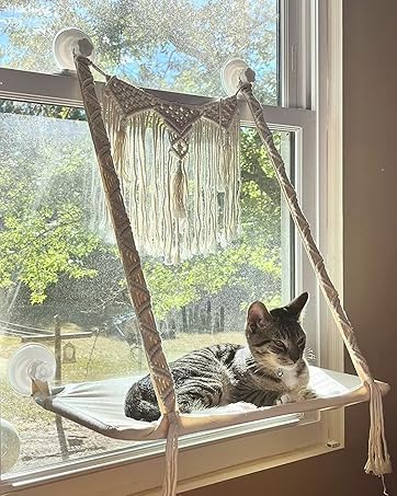 Dahey Macrame Cat Window Perch Boho Cat Hammock Wall Mounted Pet Resting Seat Bed for Indoor Cats Space Saving kitty Sunny Swing Shelf on Window Safety Holds up to 45 lbs with Screw Suction Cups, Gift