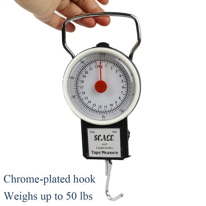 JSHANMEI Digital Hanging Scale Mechanical Kitchen and Fishing Scale Multi-Purpose Portable Hand Held Dial Weight Scale with Tape Measure (50 Lbs / 22Kg)