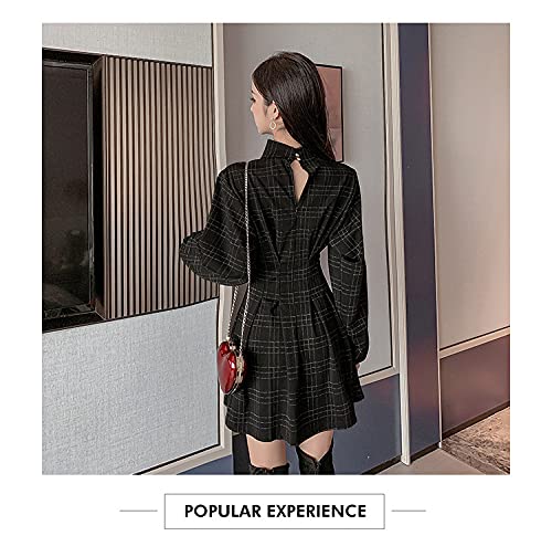 Goth Long Sleeve Dress Gothic Harajuku Vintage Plaid Wrap Balck Mini Dress Retro Pleated Punk Long Sleeve Dark Emo(Gray Grid,L)
