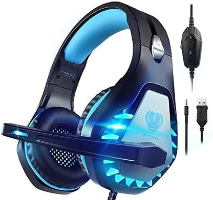 Gaming Headset for PS4, Xbox One, PC, PS5, Laptop, Mac, Nintendo Switch, 3.5MM Noise Cancelling Over Ear Headphones with Mic, Bass Surround, Soft Memory Earmuffs Blue