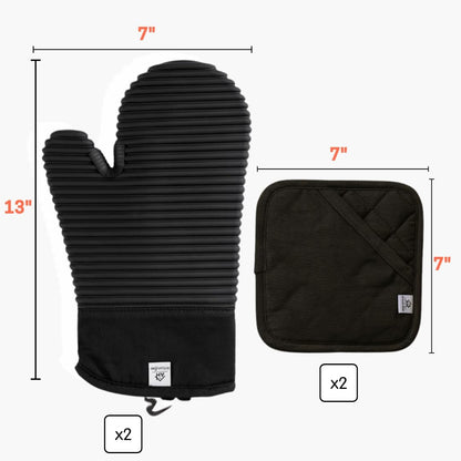 Extra Long Silicone Oven Mitts & Potholders Set - Heat Resistant 500°F Kitchen Gloves with Pot Holders, BPA-Free Waterproof Baking Mitts, Non-Slip Grip, 4-Piece Set, Black