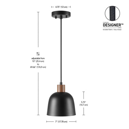 GLOBE Electric 67000193 1-Light Pendant Lighting, Matte Black, Wood-Toned Accent on Socket, 5ft Black Fabric Cord, Home Improvement, Kitchen, Living Room, Hanging Ceiling Light