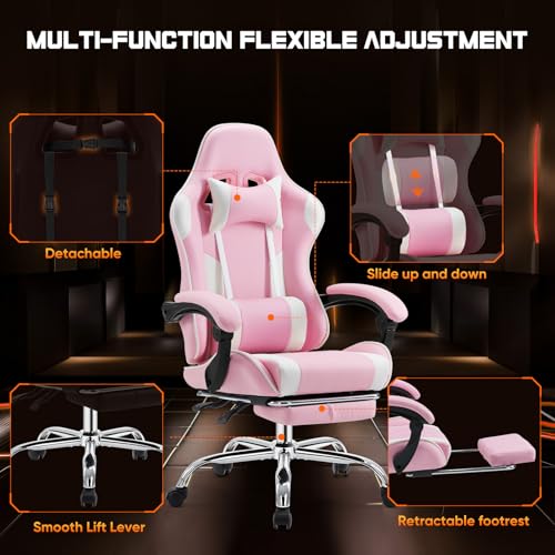 DUMOS Ergonomic Gaming Desk Chair - PU Leather Recliner with Footrest, Lumbar Support, Headrest, Fixed Armrests, Height Adjustable, 360° Swivel, Pink, for Adults