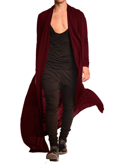 COOFANDY Men's Lightweight Ruffle Shawl Collar Cardigan Open Front Long Length Drape Cape Overcoat Wine Red