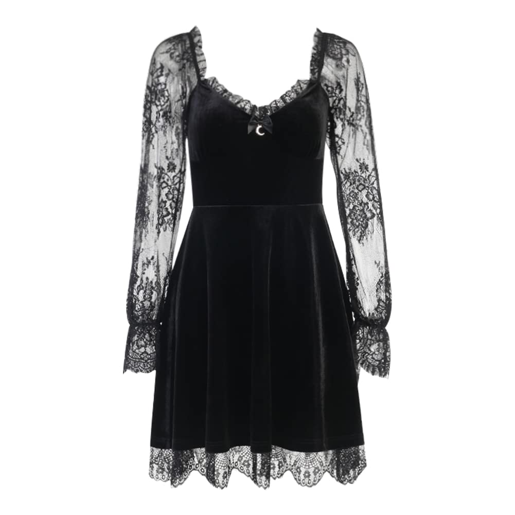 IKADEX Gothic Lolita Dress for Women Black Lace Dress Velvet Mini Dresses Goth Clothes for Teen Girls #A: Black M