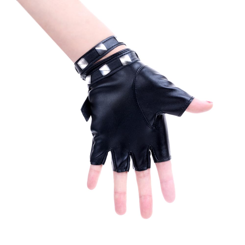 JISEN Women Punk Belt Up Half Finger PU Leather Performance Gloves Black