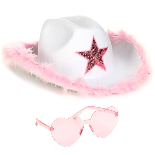Funcredible White Cowboy Hat and Glasses - Fluffy Cowgirl Hat with Star for Girls - Cowboy Hats with Feathers - Cowgirl Accessories - Halloween Accessories for Women
