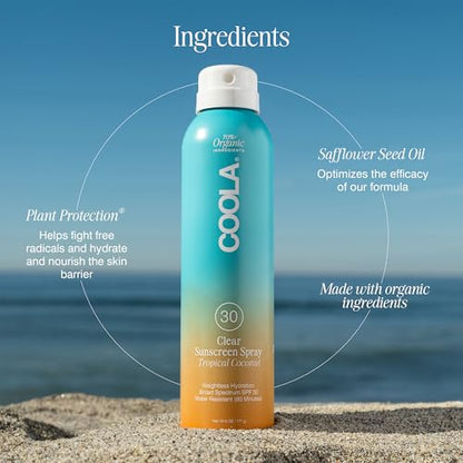 COOLA Organic Sunscreen SPF 30 Sunblock Spray, Dermatologist Tested Skin Care for Daily Protection, Vegan and Gluten Free, Tropical Coconut, 6 Fl Oz