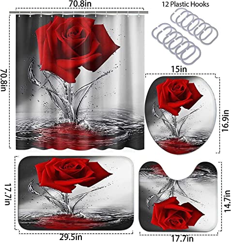 4Pcs Red Rose Shower Curtain Sets, Romantic Water Red Rose Bathroom Sets with Shower Curtain and Rugs Toilet Lid Cover Bath Mat, Waterproof Fabric Rose Gift Halloween Shower Curtains with Hooks