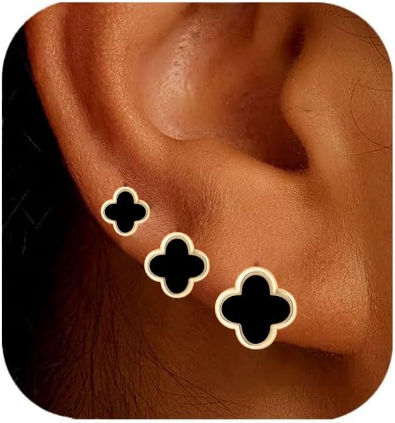 Clover Earring 3 Pair Small Clover Stud Earrings for Women Four Leaf Hypoallergenic Earrings Sensitive Ears for Birthday Christmas Anniversary Lucky Gifts (Gold Clover Stud Earrings/Black)