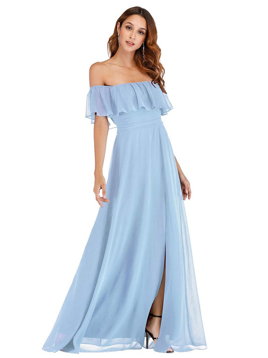 Ever-Pretty Women's Elegant Off The Shoulder Side Split High Waist Flowy Chiffon Maxi Bridesmaid Dress Blue US10