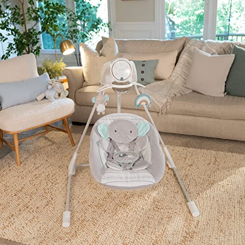 Ingenuity InLighten 5-Speed Baby Swing - Swivel Infant Seat, 5 Point Safety Harness, Nature Sounds, Lights - Van Elephant