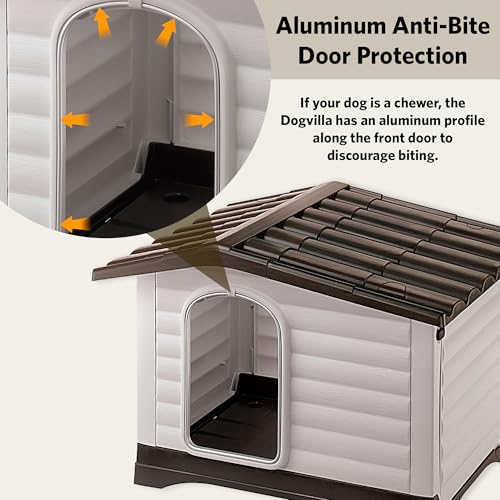 Ferplast Dog Villa Indoor and Outdoor Dog House for Small Dog Breeds, Measures 28.75L x 23.23W x 20.87H Inches, Ventilated with Patented Fold-Out Porch, Cream with Dark Brown Bottom, Part # 87253099