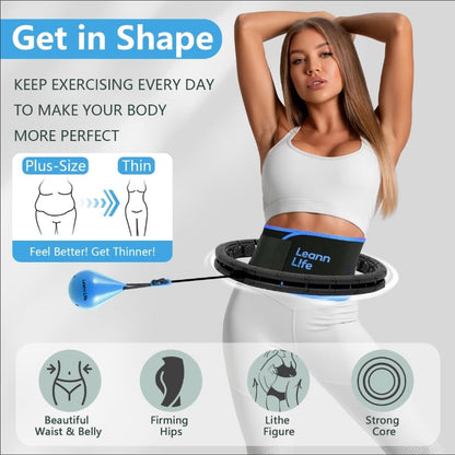 Leann L!fe U2 Black 32 Knots 19”- 65”, Adjustable Weighted Hula Hoop for Kids & Adults Weight Loss, Infinity Hoop Plus Size, Abdominal Toner, Free Waist Trimmer & Wash Bag, Black-Blue Ball