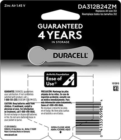 Duracell Hearing Aid Batteries Brown Size 312, 24 Count Pack, 312A Size Hearing Aid Battery with Long-lasting Power, Extra-Long EasyTab Install for Hearing Aid Devices