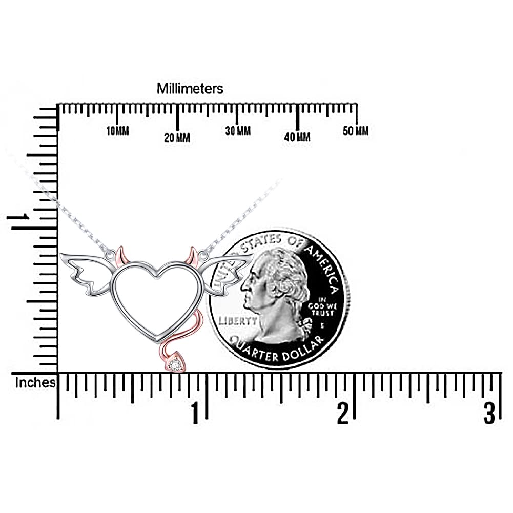 DAOCHONG Halloween Two-Tone 925 Sterling Silver Devil Heart with Wings Pendant Necklace for Women, 18 inches