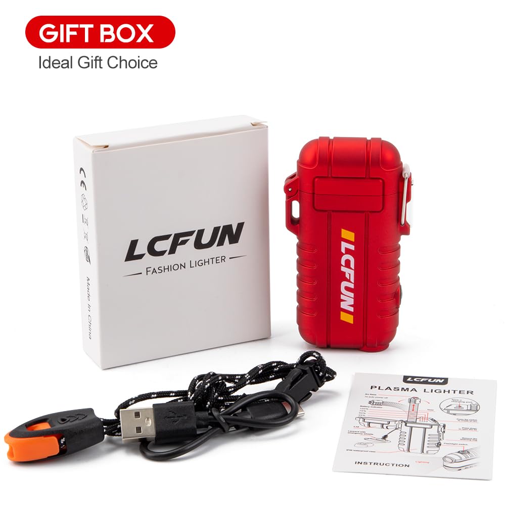 LcFun Electric Dual Arc Lighter USB Rechargeable, Windproof Plasma Lighters with LED Battery Indicator, Waterproof Flashlight Lighter with Whistle Lanyard for Camping, Survival Gear Gifts for Men