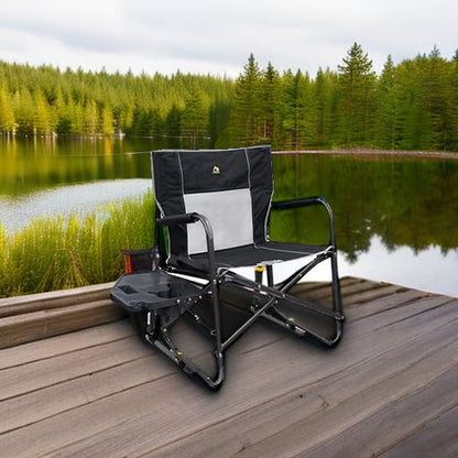 GCI Outdoor Freestyle Rocker XL with Side Table Camping Chair | Portable Folding Rocking Chair with Solid, Durable Armrests, Drink Holder & Comfortable Backrest — Black