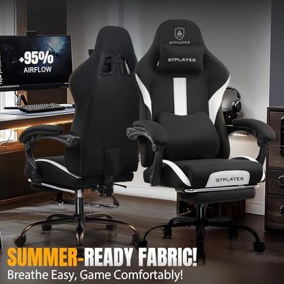 GTRACING Gaming Chair with Foot Rest & Pocket Spring Cushion, Breathable Fabric for Home Office Desk, Ergonomic High Back Computer Chair with Headrest & Lumbar Support, Black