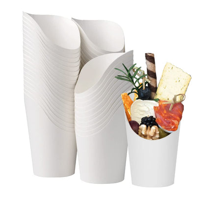 KINGZHUO 50pcs French Fries Holder 14oz Charcuterie Cups Disposable Take-out Party French Fry Cups Waffle Paper Popcorn Boxes Sandwich Paper Cups Holder Wedding Food Trays Paper Cones for Food (White)