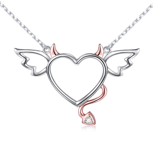 DAOCHONG Halloween Two-Tone 925 Sterling Silver Devil Heart with Wings Pendant Necklace for Women, 18 inches