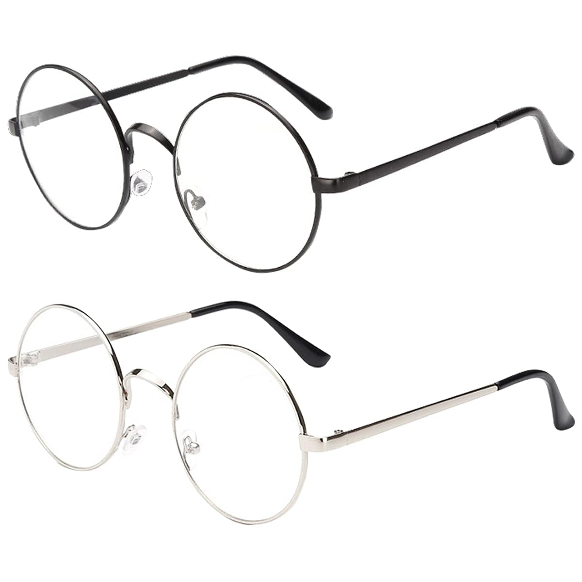 Dollger Retro Round Glasses Harry Style Glasses Clear Lens Non-Prescription for Men Women Adult Costume Metal Frame 2pcs Black+Sliver