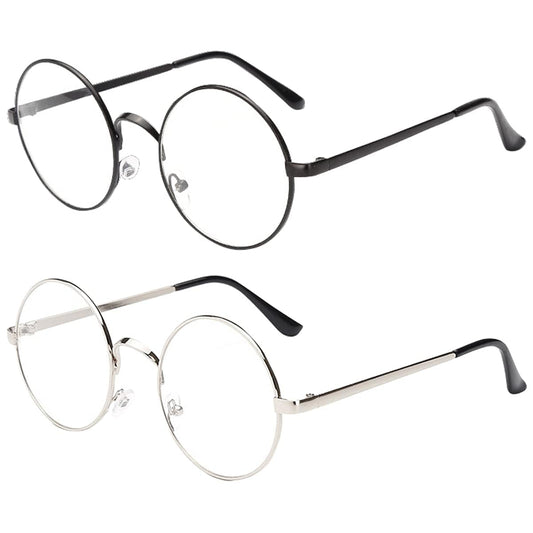 Dollger Retro Round Glasses Harry Style Glasses Clear Lens Non-Prescription for Men Women Adult Costume Metal Frame 2pcs Black+Sliver
