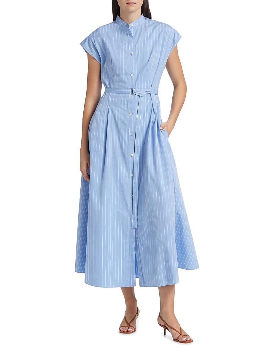 Adam Lippes, Dejeuner Poplin Belted Shirtdress, 6, Pale Blue White