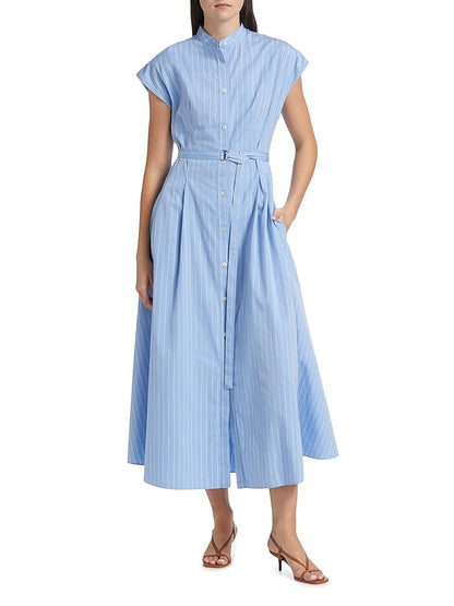 Adam Lippes, Dejeuner Poplin Belted Shirtdress, 6, Pale Blue White