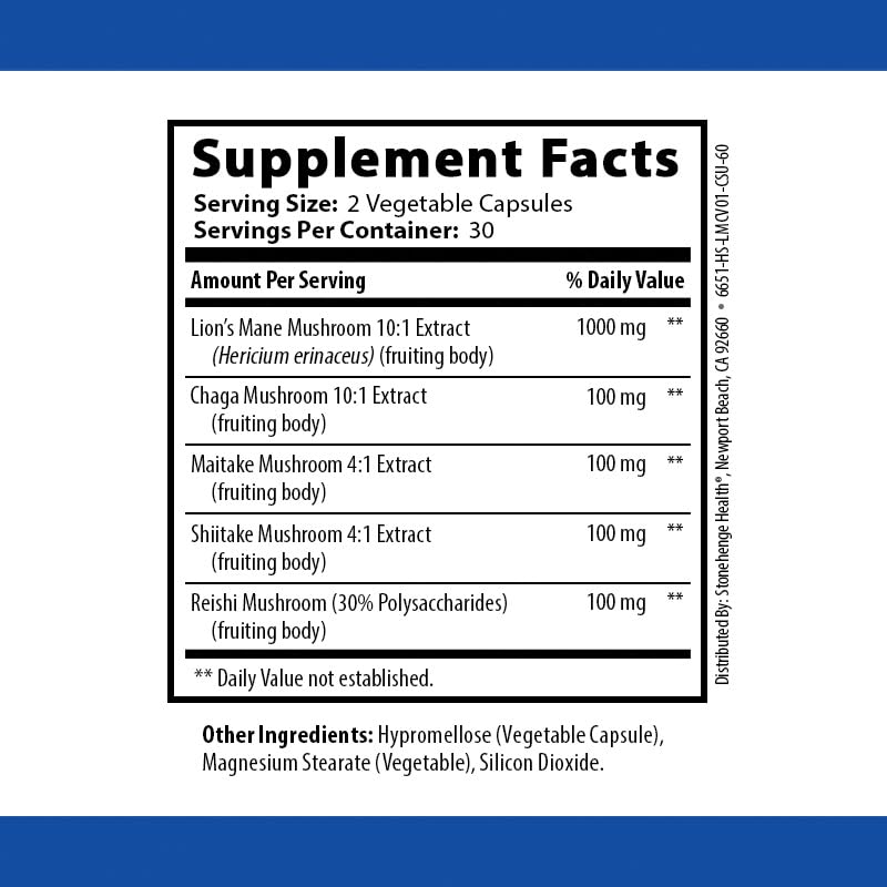 Stonehenge Health Dynamic Mushrooms - 100% Fruiting Bodies & Extracts - Lion’s Mane, Chaga, Maitake, Shiitake, Reishi - Nootropic Brain & Immune System Support - No Mycelium - 60 Veggie Capsules
