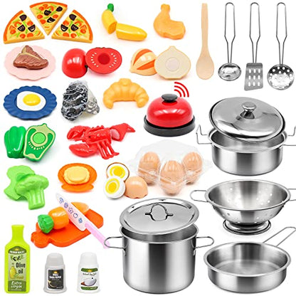 Kids Pretend Play Kitchen Accessories Set, 38Pcs Stainless Steel Play Pots Pans Sets for Kids, Toy Cookware Cooking Utensils Play Food Dish Toddler Kitchen Playset Gifts for Boys Girls