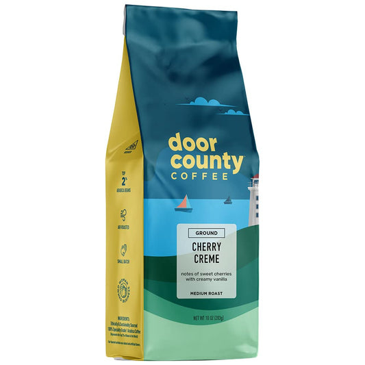 Door County Cherry Crème Flavored Coffee Ground - 10 oz Bag - Medium Roast - 100% Specialty Arabica - 100% Specialty Grade 1 Arabica Coffee