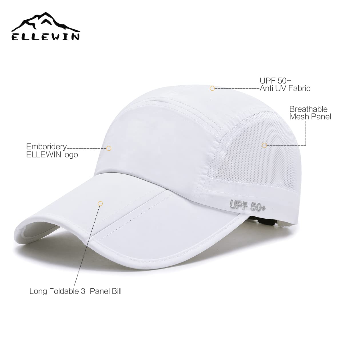 ELLEWIN Men's Baseball Cap UPF50 Hat W/Foldable Long Large Bill,One Size,White
