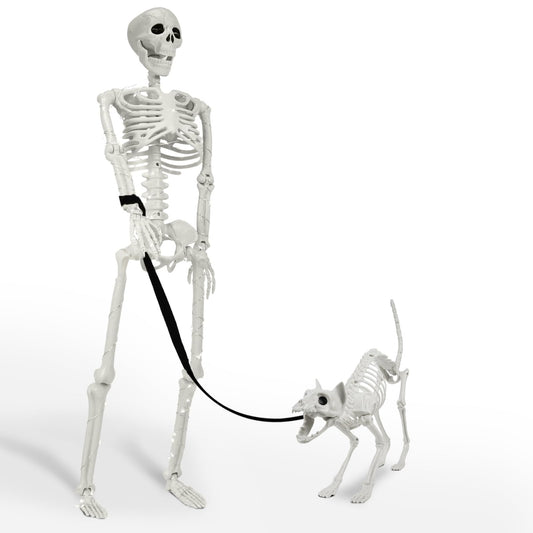 36'' Human & Cat Skeletons Halloween Decorations Outdoor/Indoor - Realistic Full Body Movable Glowing Posable Skeleton Decor with Copper Wire Lights for Haunted, Graveyard, Yard & Porch Decoration