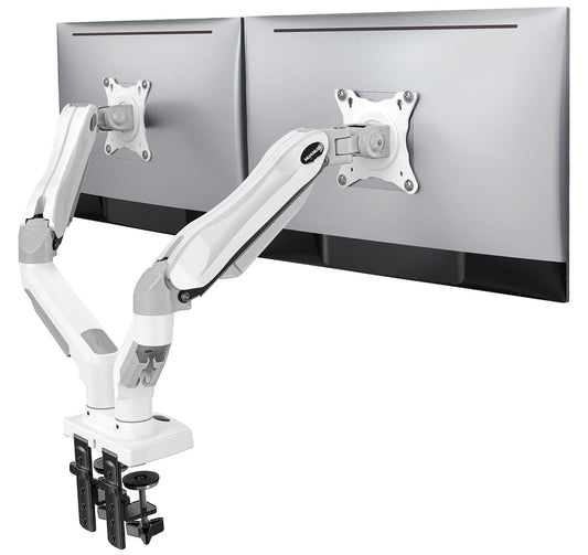 HUANUO Dual Monitor Stand - Full Adjustable Monitor Desk Mount Swivel Vesa Bracket with C Clamp, Grommet Mounting Base for 13 to 32 Inch Computer Screens - Each Arm Holds 4.4 to 19.8lbs - White