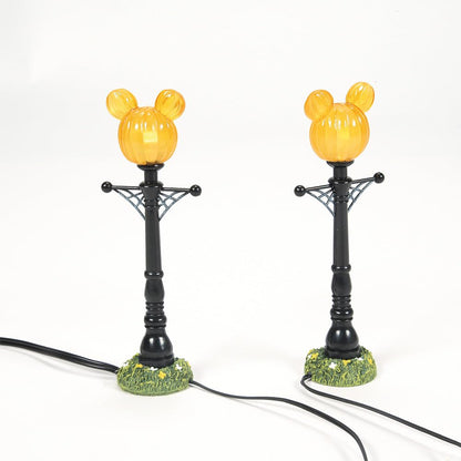 Department 56 Disney Village Halloween Accessories Pumpkintown Mickey Mouse Street Lights Lit Figurine Set, 4.625 Inch, Multicolor