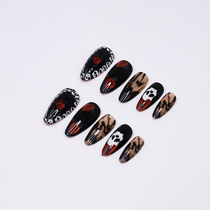 24 Pcs Black Nails Halloween Press on Nails Medium Length Fake Nails Almond RIICFDD False Nails with Red Rose and Skull Pattern Design Full Cover Horror Stick on Nails for Women and Girls