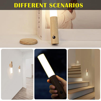 LANDGOO Wooden Motion Sensor Lights Indoor, Magnet Body Hallway Rechargeable LED Wireless Battery Operated Wall Sconce, Portable Decor Torch Night Lighting for Bedroom (Walnut Wood 2PCS)