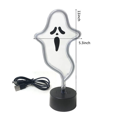 Halloween Ghost Neon Sign, Spooky White Ghost Novelty Light Table Decor, USB or Battery Powered Halloween Light for Bedroom, Kitchen, Party Decorations