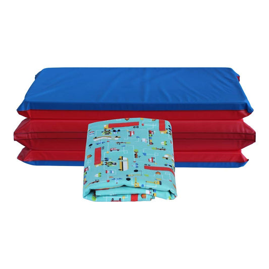 KinderMat 1.5" Thick + PBS Kids Kinderbundle - Washable Cover, Special Edition - TRAFFIC JAM DESIGN- Regular, Washable Sheet is 47" x 22", Value Bundle Great for Daycare & Family Households