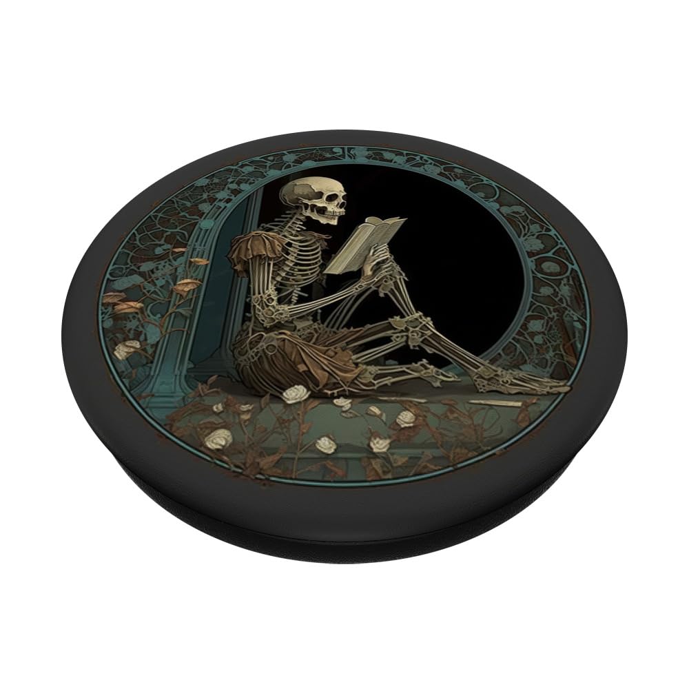Cute & Creepy Book Lover Goth Skull Design Co Librarian Skeleton Gothic Goth Book Reading Lover PopSocket Adhesive PopGrip for Smartphones with Smooth, Hard, Plastic Cases - Black