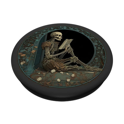 Cute & Creepy Book Lover Goth Skull Design Co Librarian Skeleton Gothic Goth Book Reading Lover PopSocket Adhesive PopGrip for Smartphones with Smooth, Hard, Plastic Cases - Black