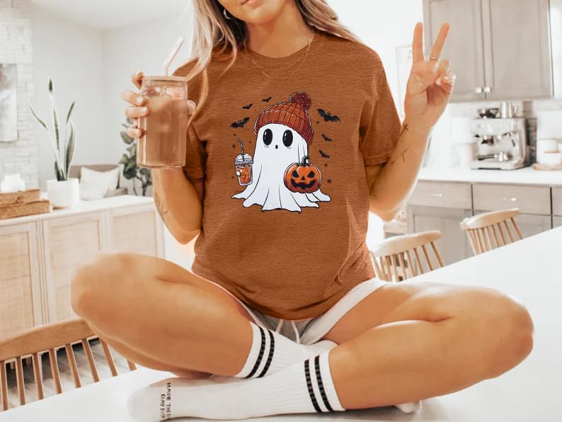 Halloween Shirts for Women Cute Ghost Shirt Fall Pumpkin Tshirt Coffee Lover Graphic Tees Casual Short Sleeve Tops