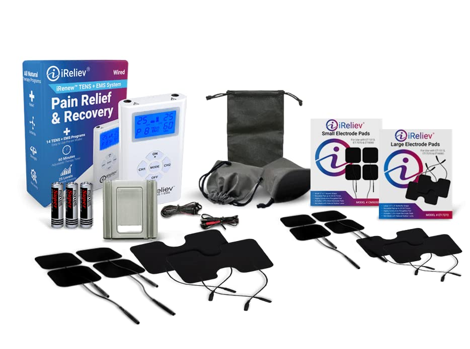 iReliev TENS + EMS Combination Unit Muscle Stimulator for Pain Relief, Arthritis, Muscle Strength - Treats Tired, Sore Muscles in Your Shoulders, Back, Ab's, Legs, Knee's, More