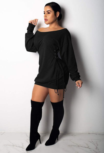 Deloreva Women Long Sweatshirt Dress - Off The Shoulder Tunic Top Oversized Loose Fit T Shirt Mini Dress Black XL